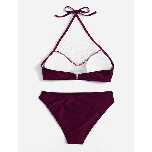 Burgandy Lace Detail Halter Top Bikini - Picture 6 of 8